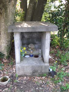 正面から見た祠、右に箒