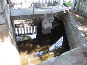 弁天さん前の池と欄干のついた石橋