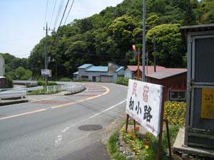 国道西側にある和小路の看板、青屋根の建物の南にいんぼ地蔵